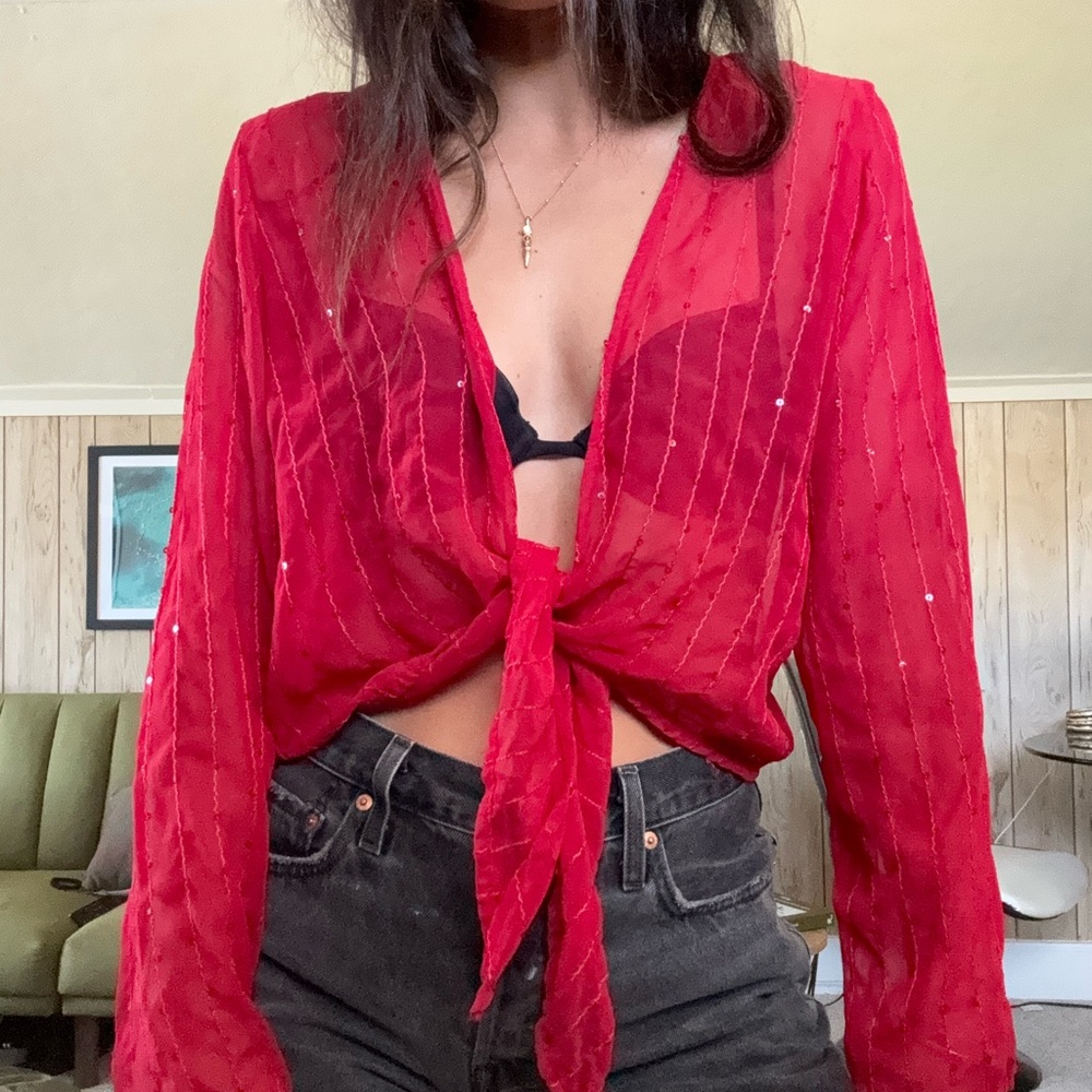 Vintage Red Sheer Tie-Front Blouse